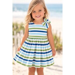 Janie and Jack Toddler Girls Blue Green Striped Bow Shoulder Cotton Dress 3T NEW
